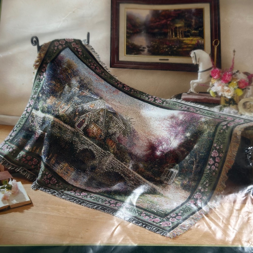 Thomas Kinkade Lamplight Manor Tapestry Throw Blanket 46x67 New USA Made Cotton